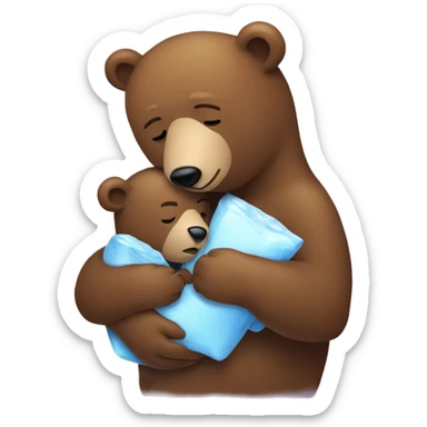 mama bear cradles her sick bear cub. she is holding her cub in her arms as he winces with an ice pack on his head sticker