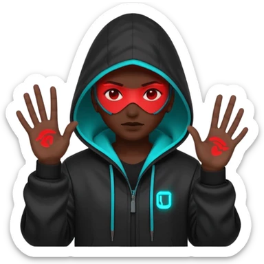 Neon cyberpunk hooded hacker emoji using the exact original palette: crimson red glow, cyan/teal highlights, black shadows. Character shakes head “no” and shows stop hand. Text “NO TO SCAMS” in red neon. Smooth looping animated sticker, transparent background, Discord emoji style. No new colors. sticker