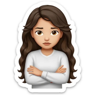 Hispanic light tan girl with long dark wavy hair with arms folded and slightly pouting sticker