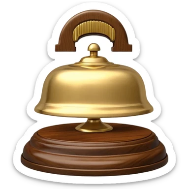 A hotel bell with a polished brass surface on a wooden base sticker