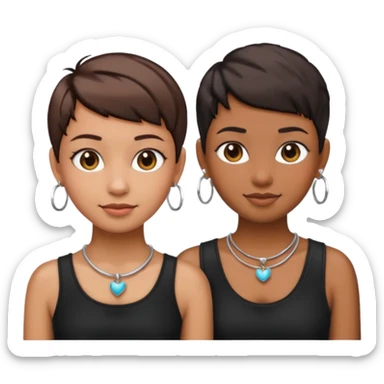 Do two best friend emojis one brown skin one fair skin with pixie cuts with hoop earrings and necklace wearing black sticker