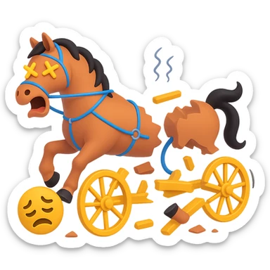 Make the horse cart look broken and add funny, exaggerated emoji expressions to the horse and cart. Keep the style consistent. The style is emoji style. Keep the background transparent. sticker