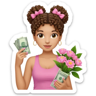 Uma menina com o cabelo cacheado com um Coque com baby hair, morena, e com uma regata rosa com unha em gel,e com dinheiro na mão ,e com flores na outra mão  sticker