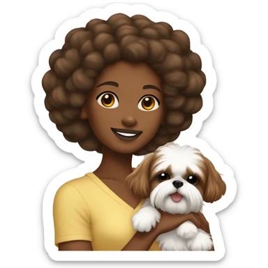 Brown skinned girl with Afro puff holding shih tzu sticker