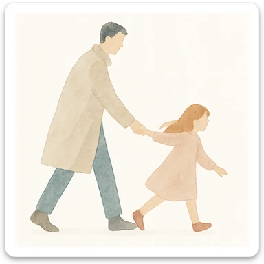 a man in a trench coat dragging a girl, rendered in watercolor art style sticker