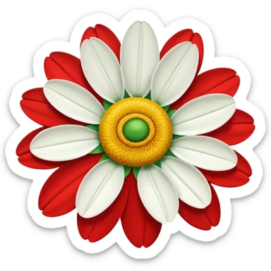 A daisy with ten petals, with green, red and white petals and a yellow centre. sticker