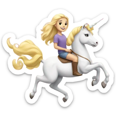smiling blonde girl portrait riding rainbow unicorn  sticker