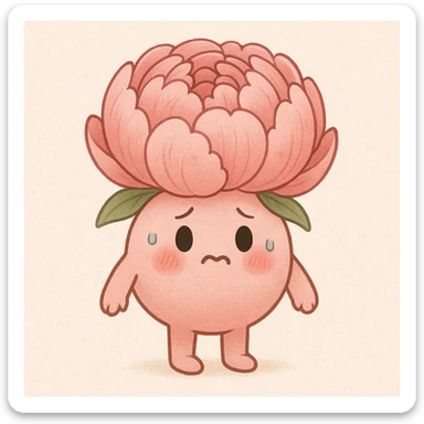 cute anthropomorphic pink peony flower with a round body, arms and legs, blushing cheeks, nervous expression sticker