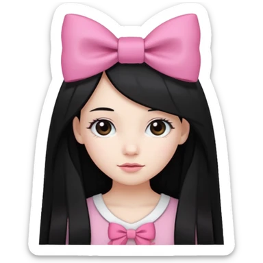 A girl with long, straight black hair, white skin, and a pink bow on the left side of her head sticker