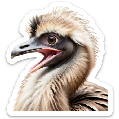 Cinematic Cute Yawning Emu Portrait Emoji, Head tilted slightly with a dramatic, wide-open yawn, showcasing a soft, downy brown plumage with gently drooping feathers and eyes barely open in drowsy contentment, Simplified yet irresistibly adorable features, highly detailed, glowing with a soft, cozy glow, high shine, relaxed yet expressive, stylized with a touch of outback charm, bright and endearing, soft glowing outline, capturing the essence of a sleepy yet affectionate emu, so drowsy it feels like it could stretch out of the screen and curl up for a nap! sticker