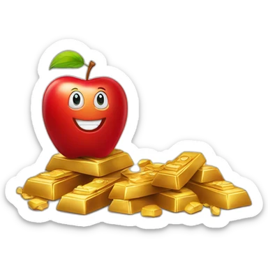 smiling red apple standing on a pile of gold ingots sticker