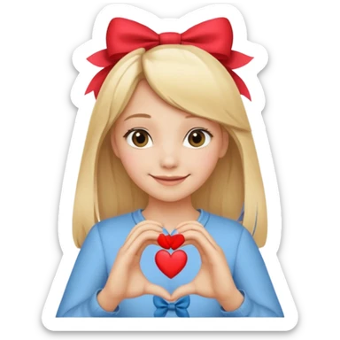 una ragazza bionda liscia con un fiocco in testa che fa un cuore con le mani sticker