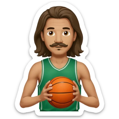 long haired man basketball player green jersey with mustache holding basket ball sticker
