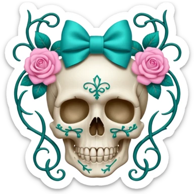 Skull with Pink bow with vines and teal roses sticker