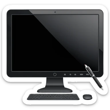 Minimalistic flat vector icon, iOS style, thin black contour on white background. Computer monitor with a pen tool icon. No text, no shadows.
 sticker