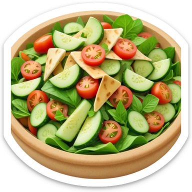 Cinematic Realistic Fattoush Salad Dish Emoji, depicted as a colorful medley of greens, tomatoes, cucumbers, and crispy pita rendered with vibrant textures and refreshing lighting. sticker