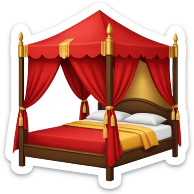 bed with red and gold sheets, wooden, canopy, simple, dark, no-tent sticker