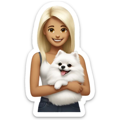 girl smiling hug white pomeranian sticker