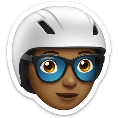 A woman wearing a race bike helmet and race glasses. sticker