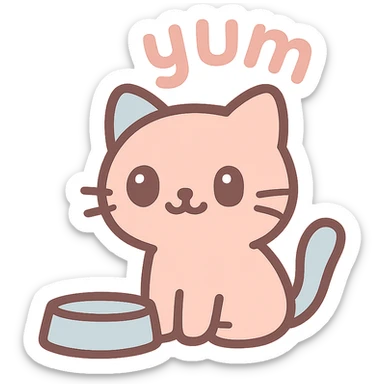 Chinese kitten with a food bowl, 'yum' above its head, cheerful and colorful sticker