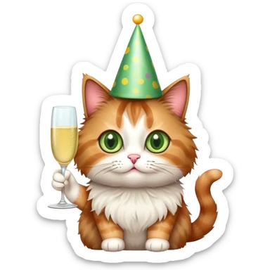 tricolor fluffy cat with big green eyes celebrating her birthday with a cake and champagne sticker