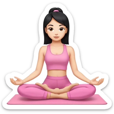 Light skin, black hair yoga beautiful girl in light pink clothes sitting on a yoga mat sticker