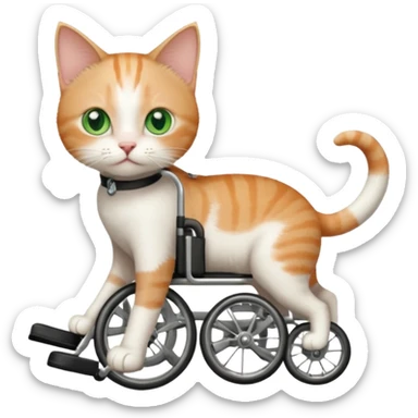 full body small short hair ginger and white cat with green eyes walking in a wheelchair for cats sticker