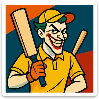 joker, smiling mischievously, wearing a yellow cricket jersey and cap, holding a cricket bat sticker