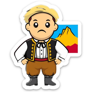 a German in typical Bavarian clothing shrugging and looking lost with Sicily in the background sticker