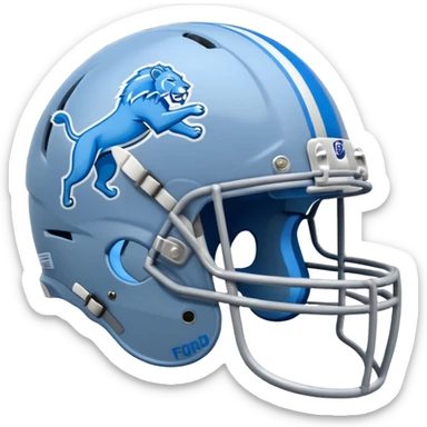 Ford car emoji in blue and silver, Detroit Lions flag on the roof, football helmet details, fun and spirited sticker