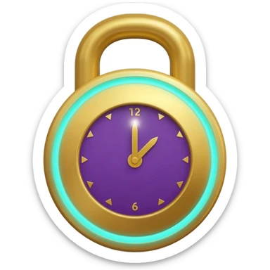 golden padlock with purple elegant purple analog clock with golden hour and minute hands, teal glowing rim, tiny sparkle at 12 o'clock position sticker
