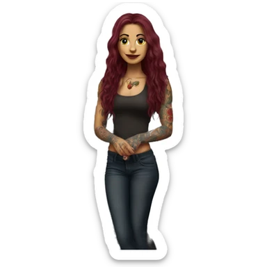 Beautiful tattooed burgundy long haired woman standing next to a car sticker