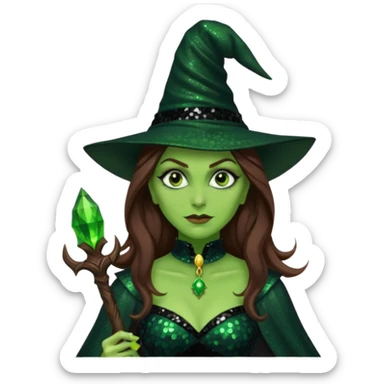 The Wicked Witch from Oz with long brown hair, green skin, black sequin outfit sticker