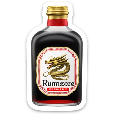 clear bottle of rumpleminze peppermint alcohol with a black and red label that has a gold dragon on it sticker