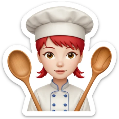 A woman with red Chinese hair and a chef's outfit, chef's hat and a wooden spoon sticker