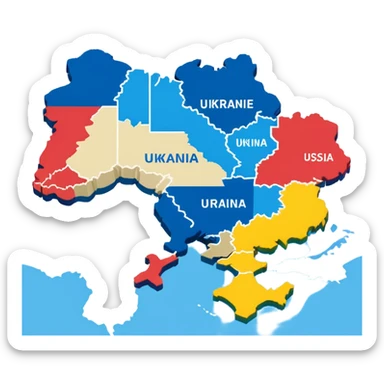Game map with Ukraine in the middle, flanked by Russia and the EU sticker
