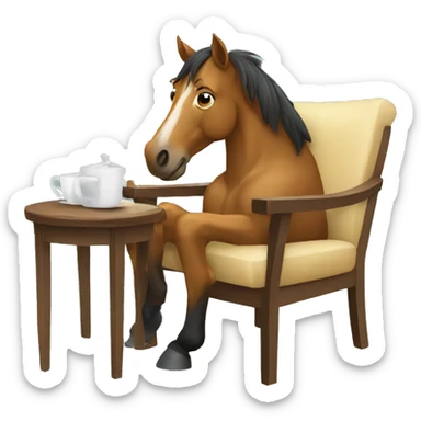 horse drinking tea looking at camera sitting in a chair sticker