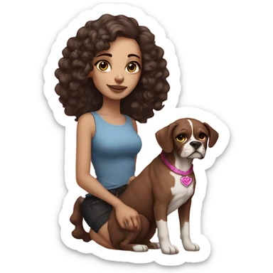 Beautiful tattooed curly dark brown haired woman holding a boxer dog and pink sphinx with blue eyes sticker
