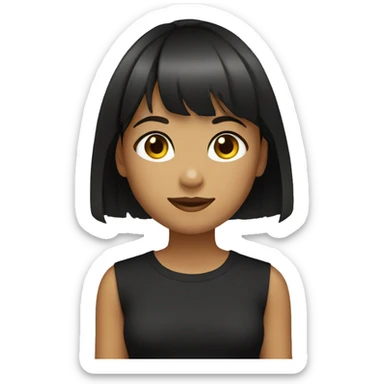 Girl with short hair with bangs, brown eyes, black T-shirt sticker