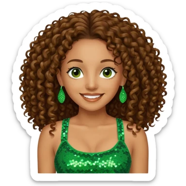 Melanie Brown with long brown curly hair, green sequin crop top, dark brown eye sticker