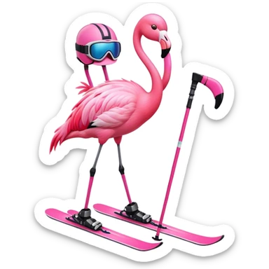 A Skiing Flamingo with ski helmet on the head , wearing ski goggles , ski and ski boots. With one head and two legs sticker