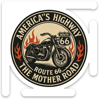 circular design for motorcycle cap, transparent background, text 'AMERICA'S HIGHWAY - ROUTE 66 - THE MOTHER ROAD', motif: motorcycle, flame, Route 66 sign, classic style sticker