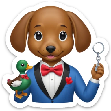 A dog holding keys in one hand and a duck in the other, all with a half-red, half-blue bow tie. sticker