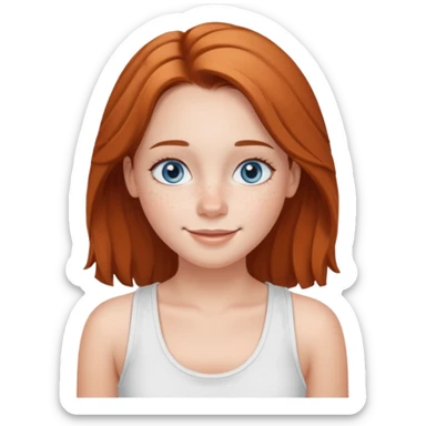 Una chica de tez blanca con pecas, nariz respingada, labios gruesos, ojos grandes color azul grisáceo, pelo largo, lacio, color avellana. Con una blusa de tirantes blanca. Que este sonriendo y q solo se vea de la cintura hacía arriba sticker