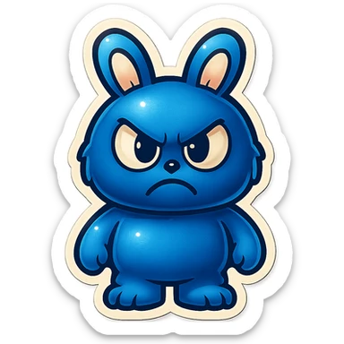 Change the blue bunny character's face to an angry, frowning expression, keeping the same retro stickers style. sticker