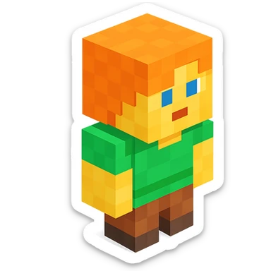 Alex from Minecraft, 3D blocky voxel style, orange hair, green shirt, brown pants, classic Minecraft look sticker
