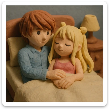 Light Yagami and Misa Amane in a bed, soft colors, claymation style sticker