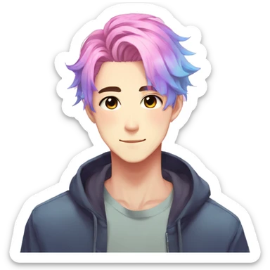 Gorgeous anime style guy with blushing face aesthetic and pretty colorful shiny gradient pastel hair trending style sticker