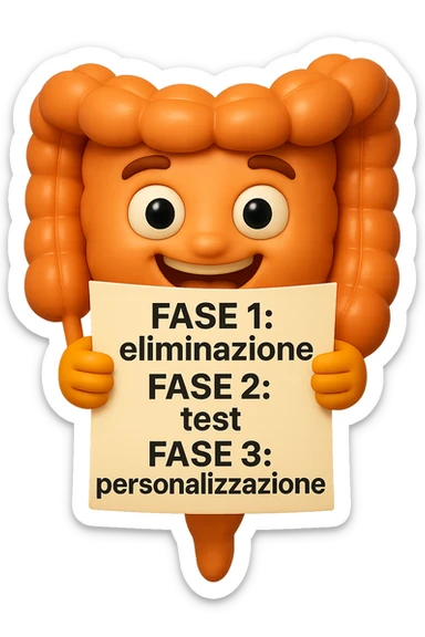 emoji stile iphone 3d di un intestino che tiene in mano un foglio con la scritta "FASE 1: eliminazione, FASE 2: test, FASE 3: personalizzazione, IPERREALISTICO 4K sticker