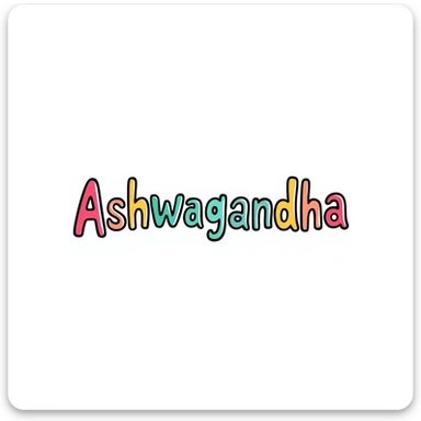The word "Ashwagandha" hand-drawn in a vibrant tropical color scheme with pinks, teals, and yellows. Simple doodle style with minimal decoration. sticker